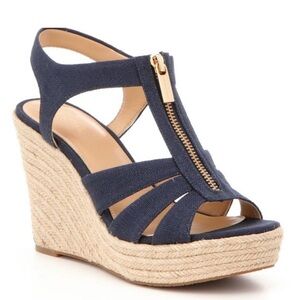 Michael Kors Navy Wedge Sandals with Gold Zipper